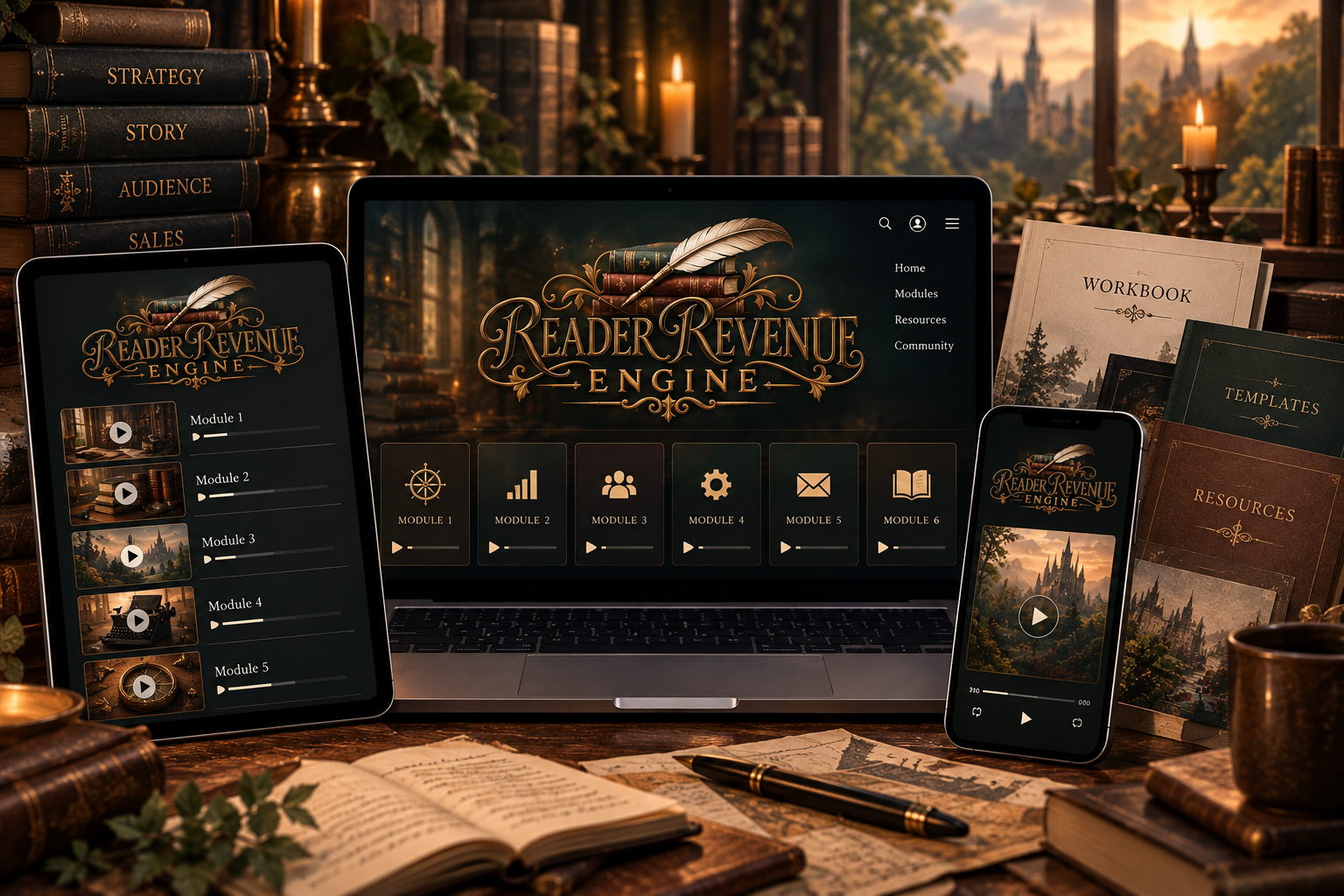Reader Revenue Engine course shown on laptop, tablet and phone