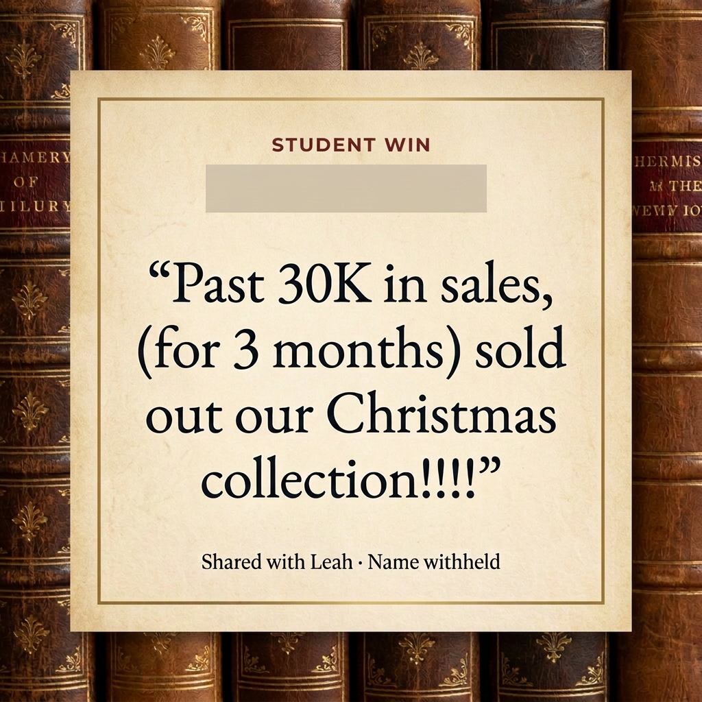 Anonymous student message: Past 30K in sales, (for 3 months) sold out our Christmas collection!!!!