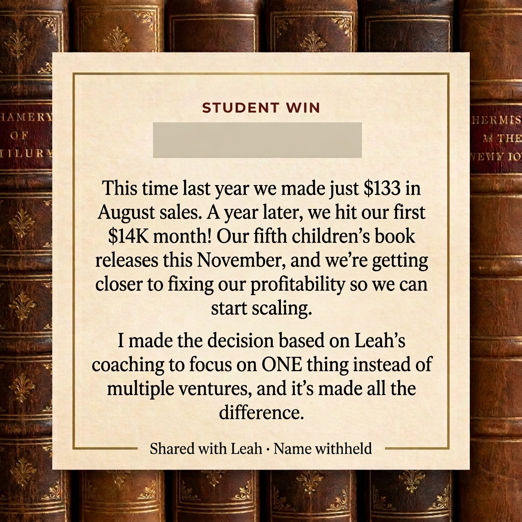 Anonymous student message: This time last year we made just $133 in August sales. A year later, we hit our first $14K month! Our fifth children's book releases this November, and we're getting closer to fixing our profitability so we can start scaling. I made the decision based on Leah’s coaching to focus on ONE thing instead of multiple ventures, and it’s made all the difference.