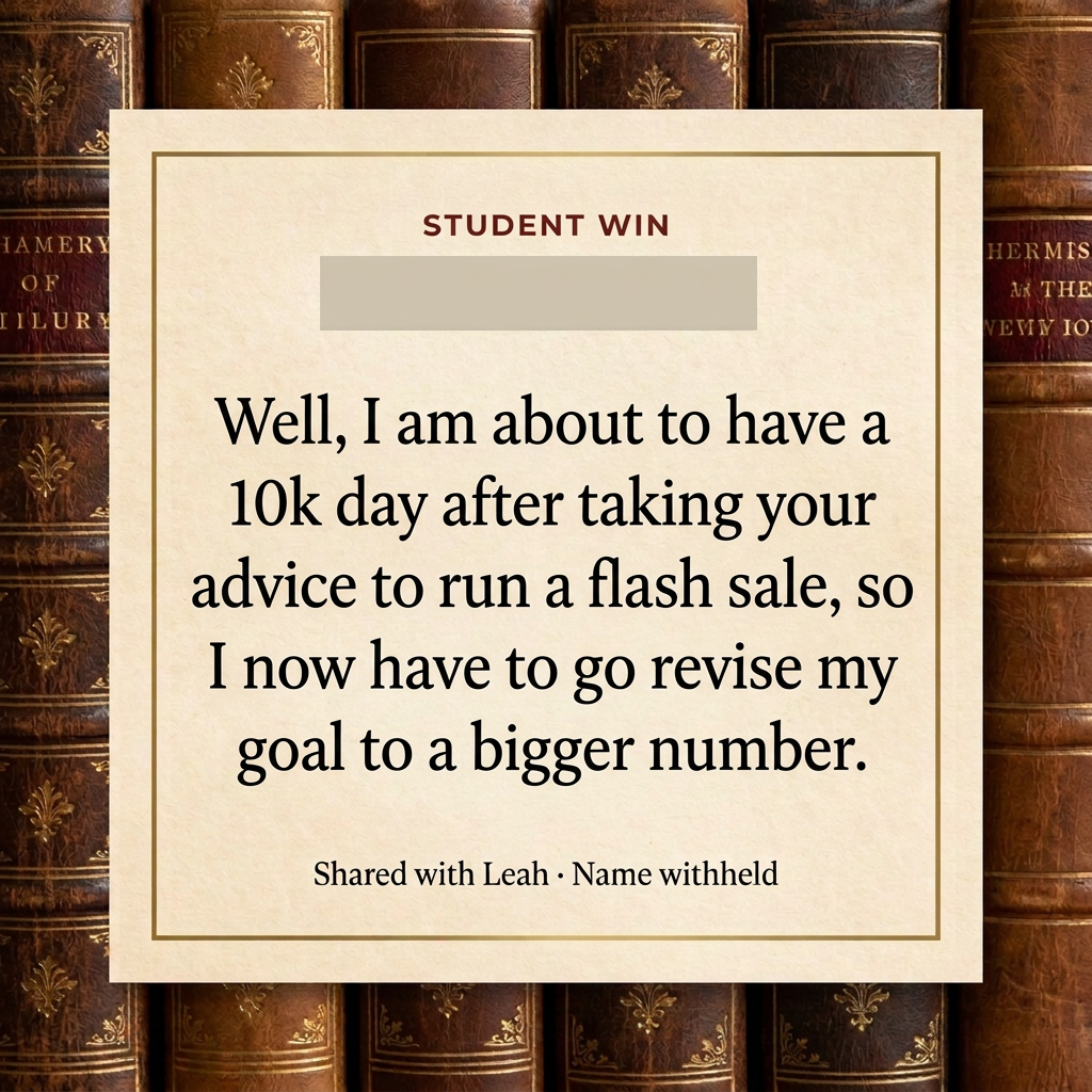 Anonymous student message: Well, I am about to have a 10k day after taking your advice to run a flash sale, so I now have to go revise my goal to a bigger number.