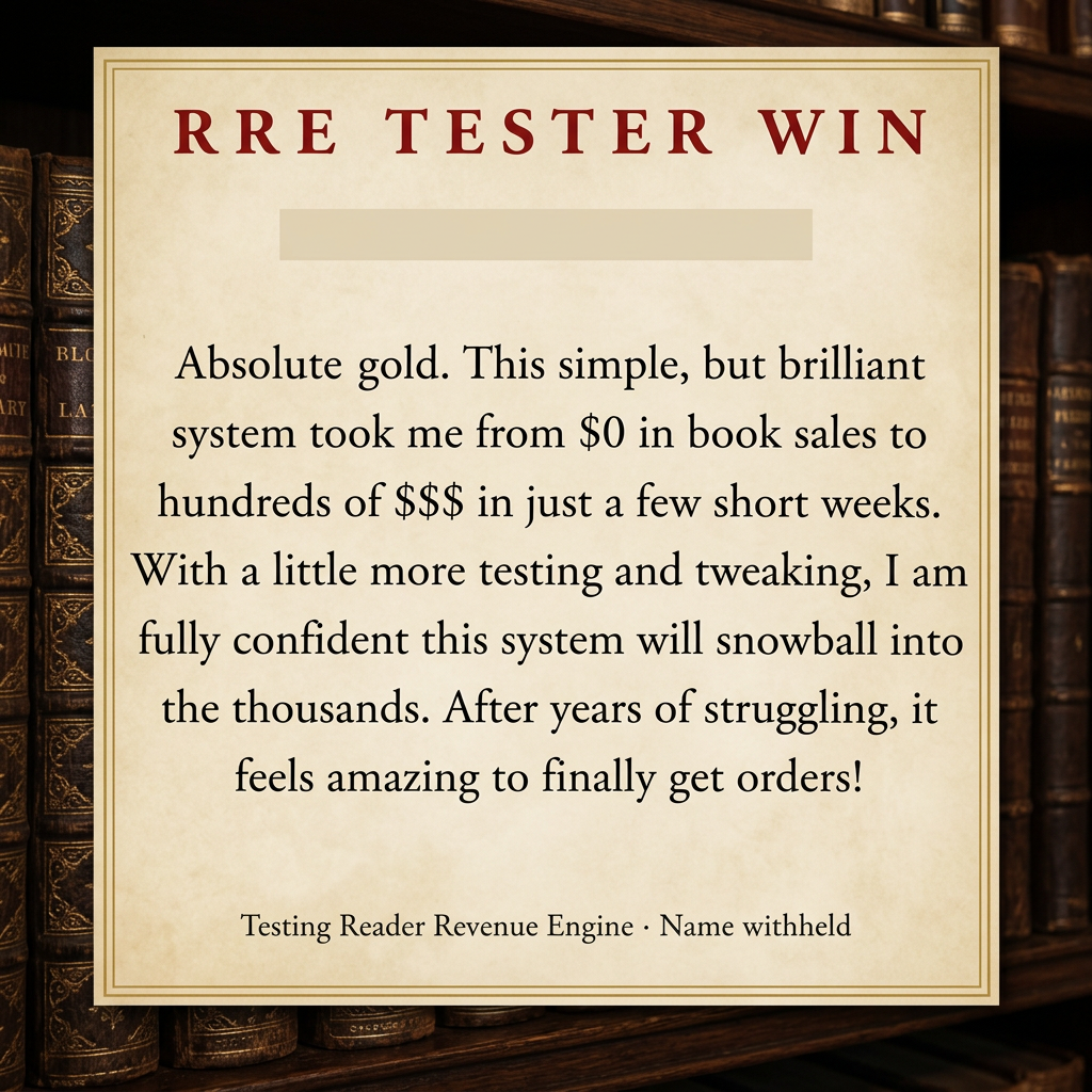 Early Reader Revenue Engine tester message: Absolute gold. This simple, but brilliant system took me from $0 in book sales to hundreds of $$$ in just a few short weeks.