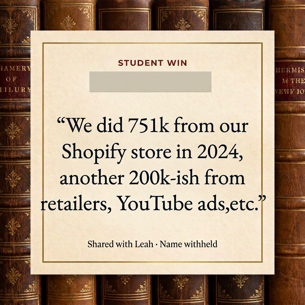 Anonymous student message: We did 751k from our Shopify store in 2024, another 200k-ish from retailers, YouTube ads, etc.