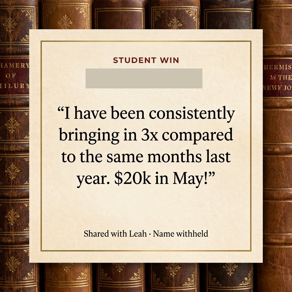 Anonymous student message: I have been consistently bringing in 3x compared to the same months last year. $20k in May!