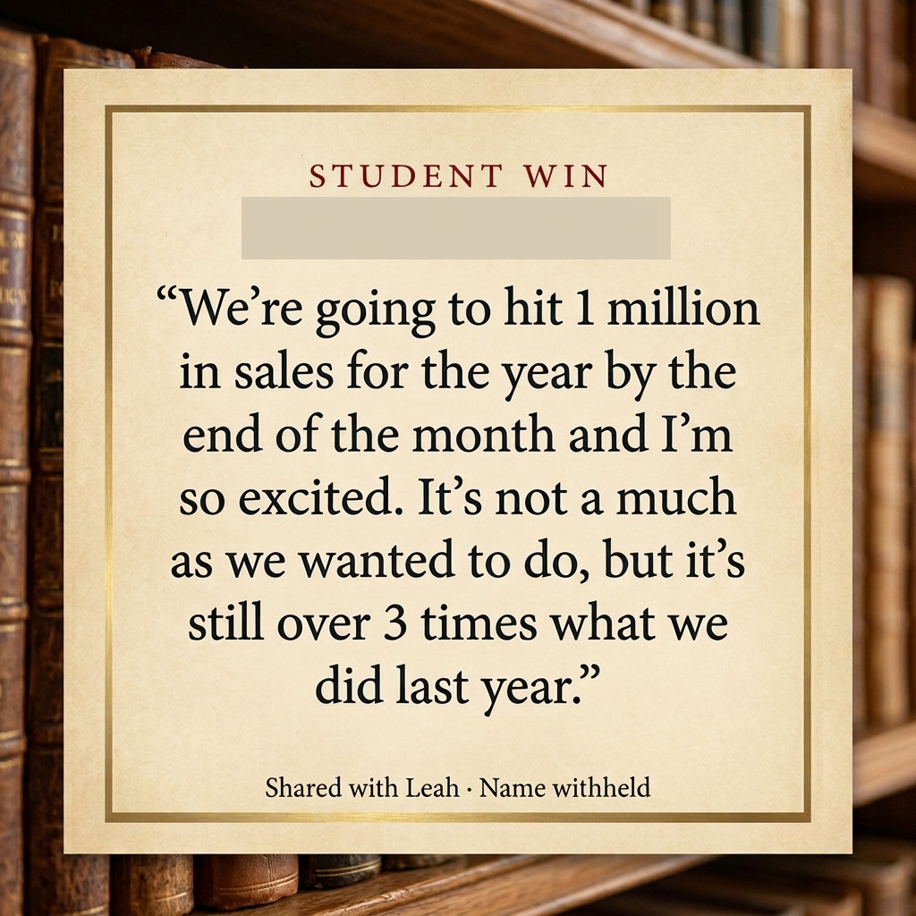 Anonymous student message: We're going to hit 1 million in sales for the year by the end of the month and I'm so excited. It's not a much as we wanted to do, but it's still over 3 times what we did last year.